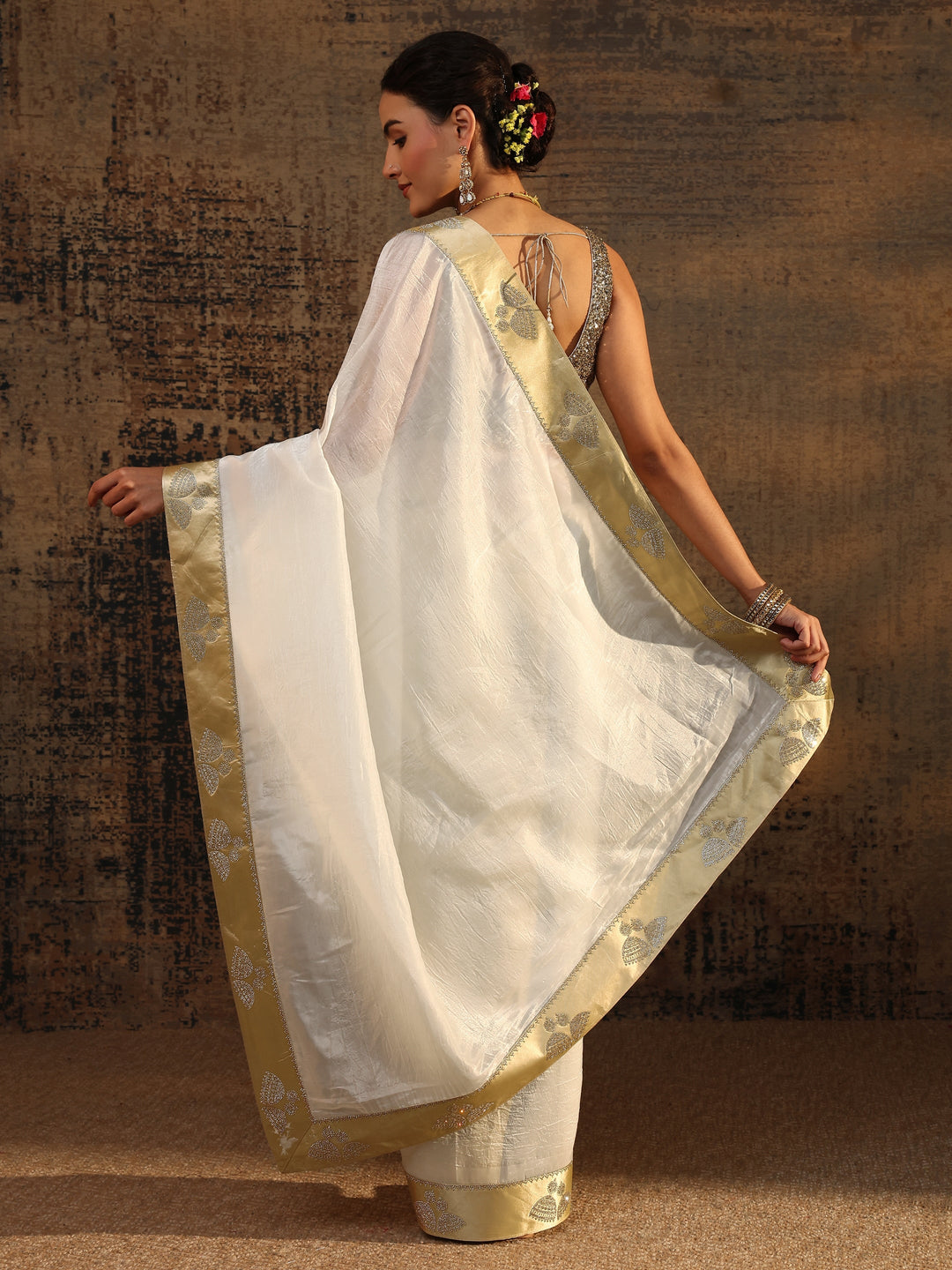  White Solid Tissue Saree With Unstitched Blouse Piece 