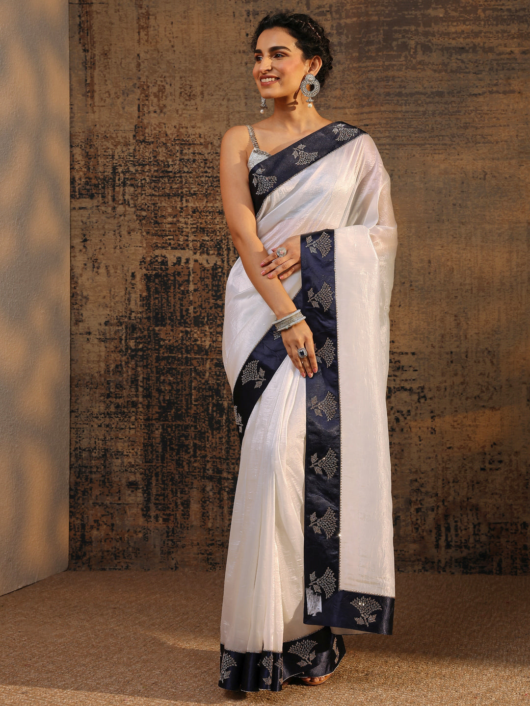  White Solid Tissue Saree With Unstitched Blouse Piece 