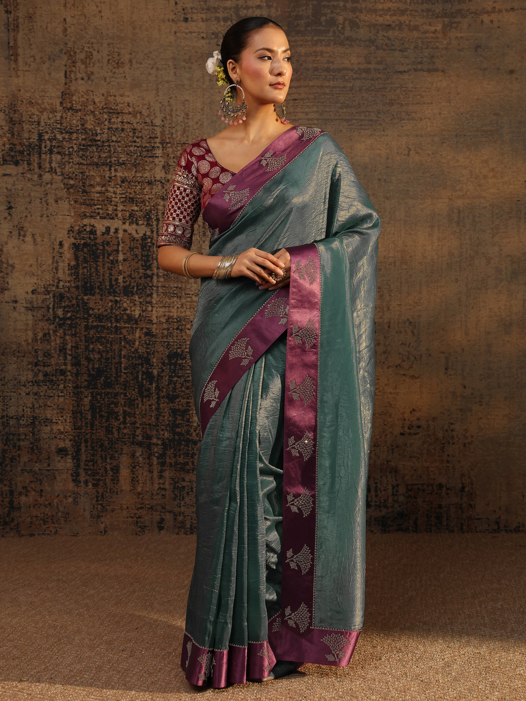  Green Solid Tissue Saree With Unstitched Blouse Piece 