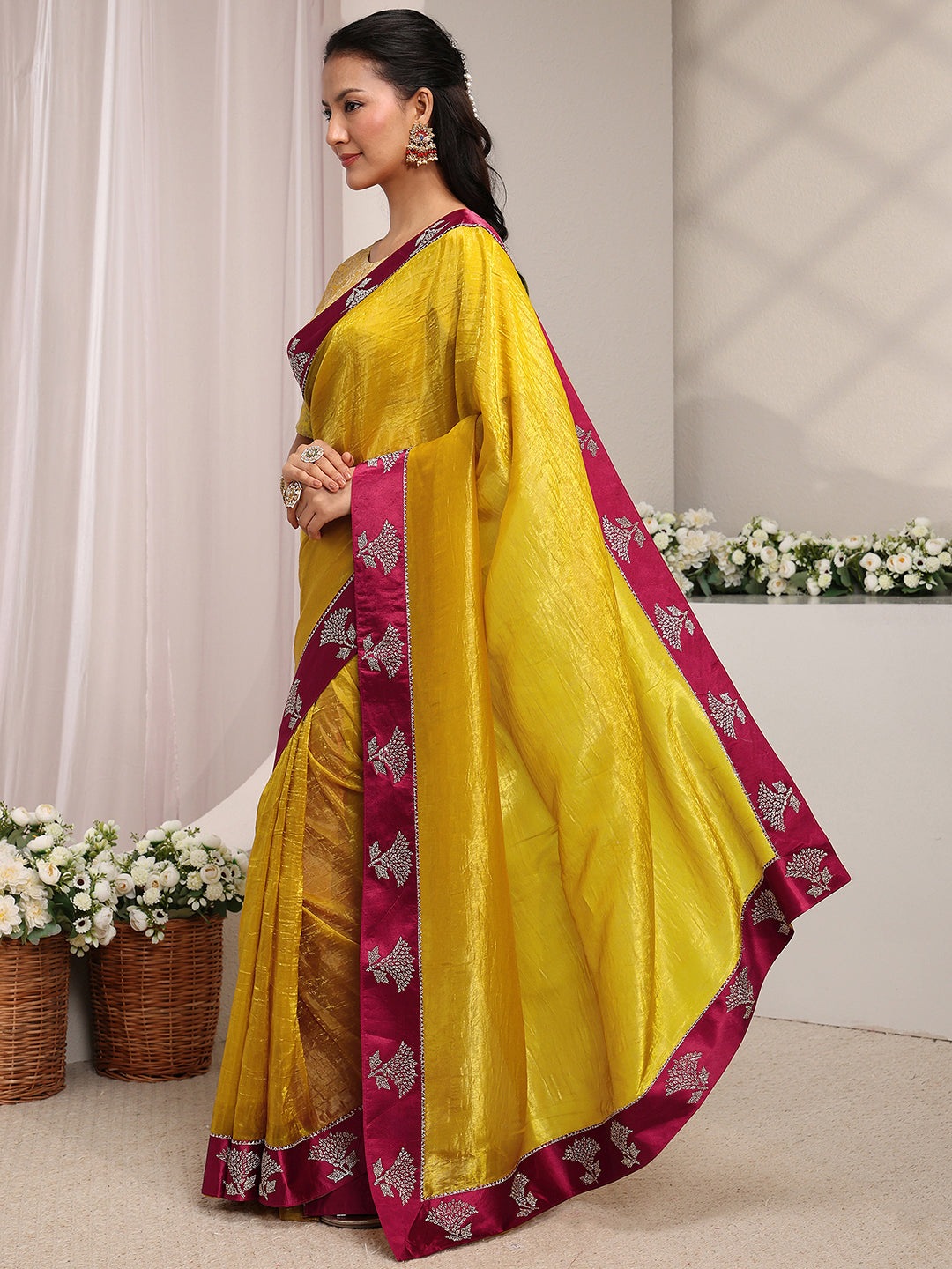  Mustard Solid Tissue Saree With Unstitched Blouse Piece 