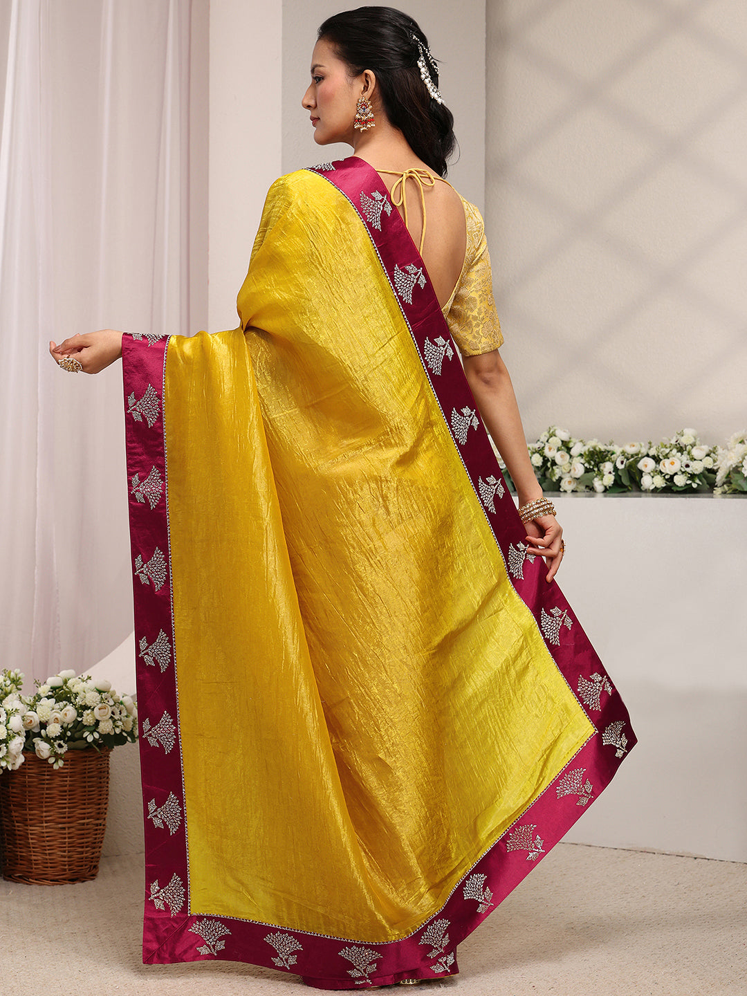  Mustard Solid Tissue Saree With Unstitched Blouse Piece 