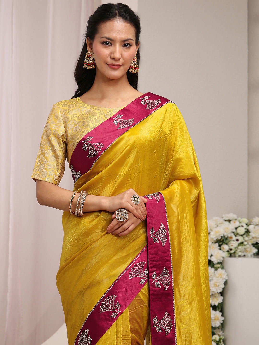 Mustard Solid Tissue Saree With Unstitched Blouse Piece 
