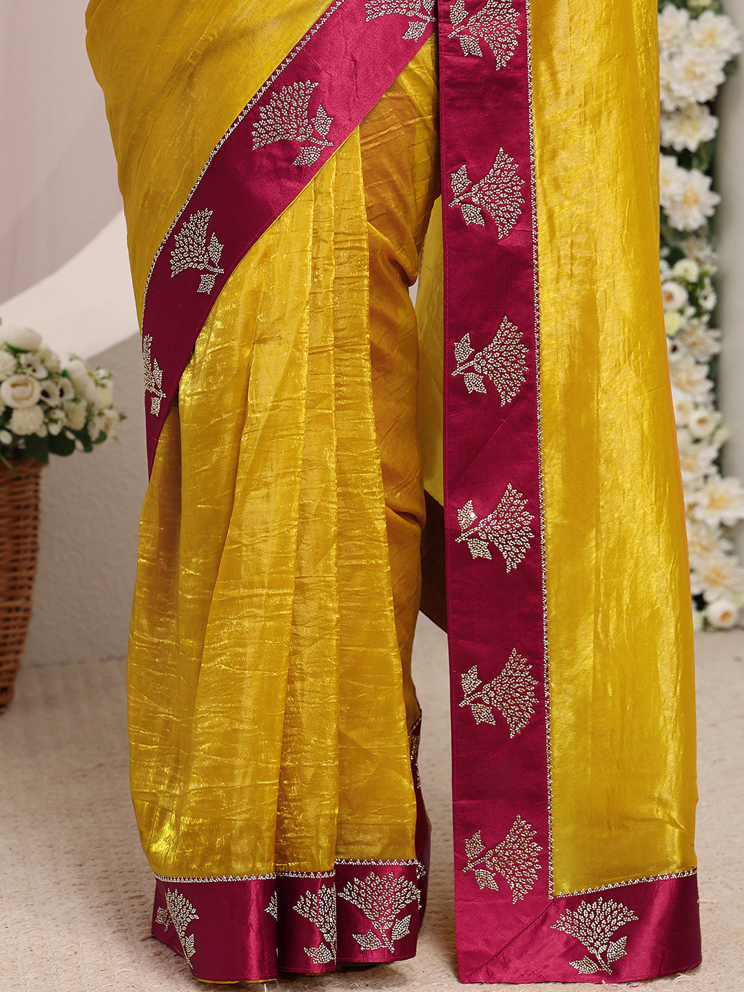  Mustard Solid Tissue Saree With Unstitched Blouse Piece 