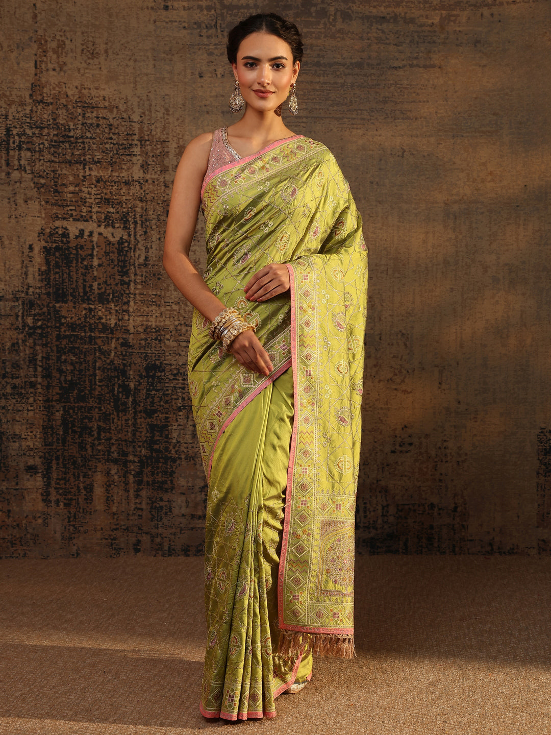  Green Ethnic Motifs Embroidered Silk Blend Saree With Unstitched Blouse Piece 