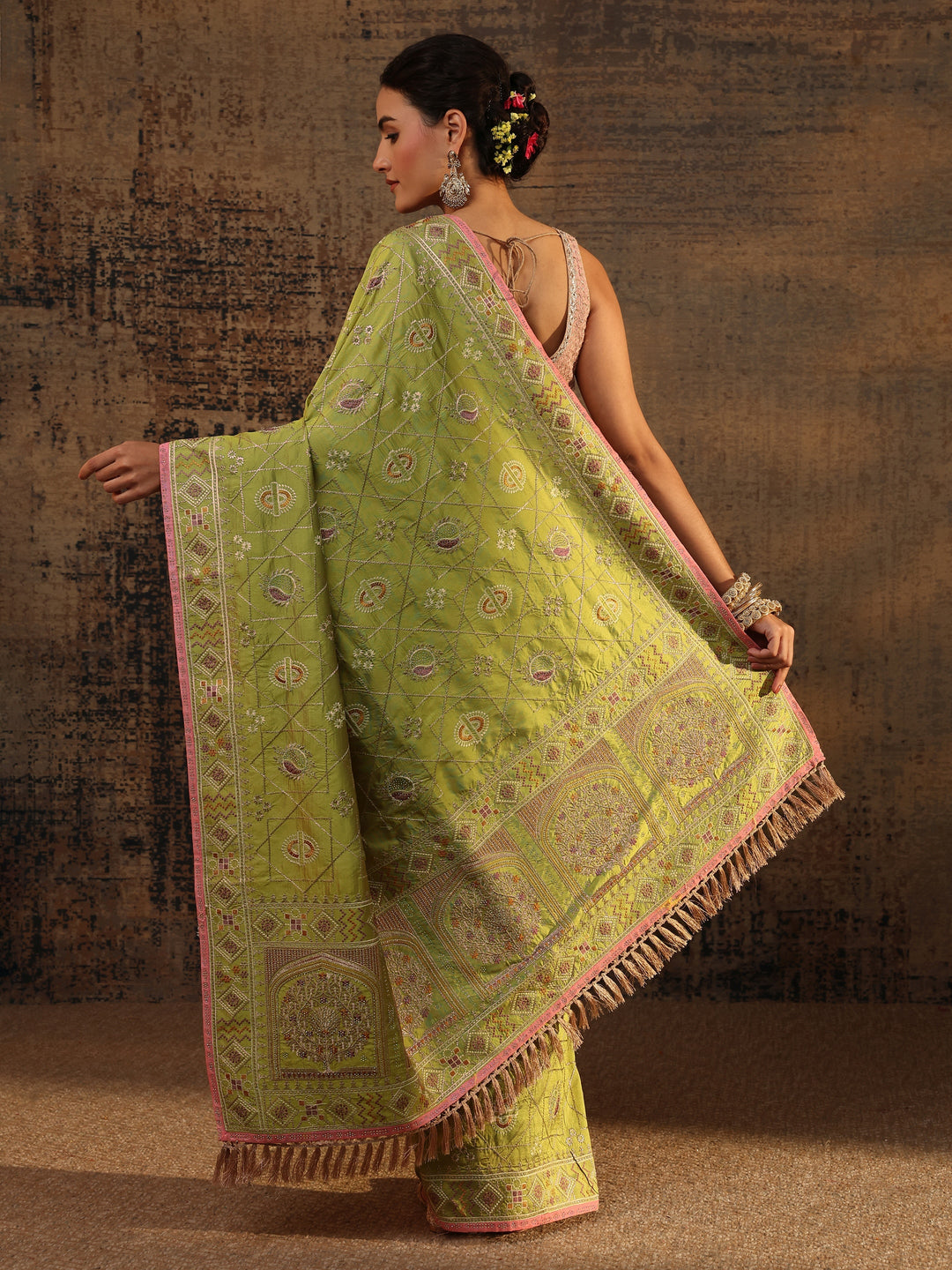  Green Ethnic Motifs Embroidered Silk Blend Saree With Unstitched Blouse Piece 