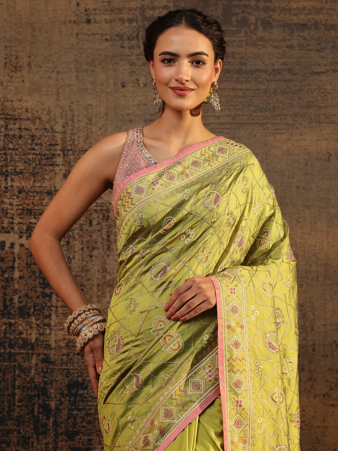  Green Ethnic Motifs Embroidered Silk Blend Saree With Unstitched Blouse Piece 