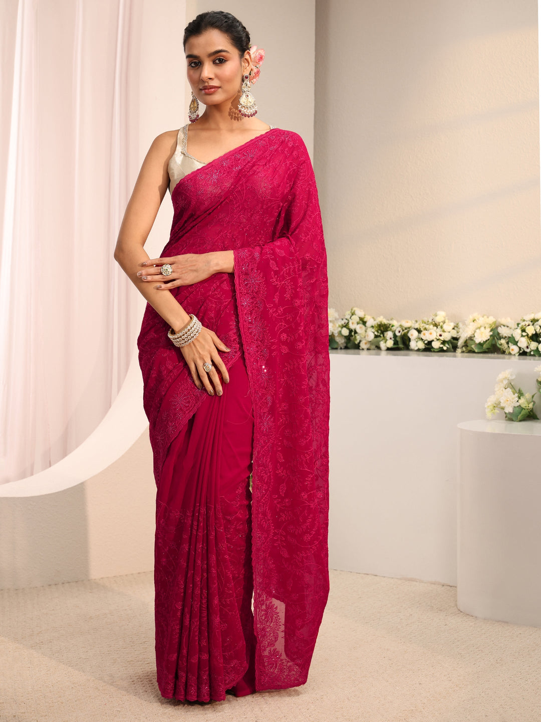  Libas Pink Floral Embroidered Net Saree 