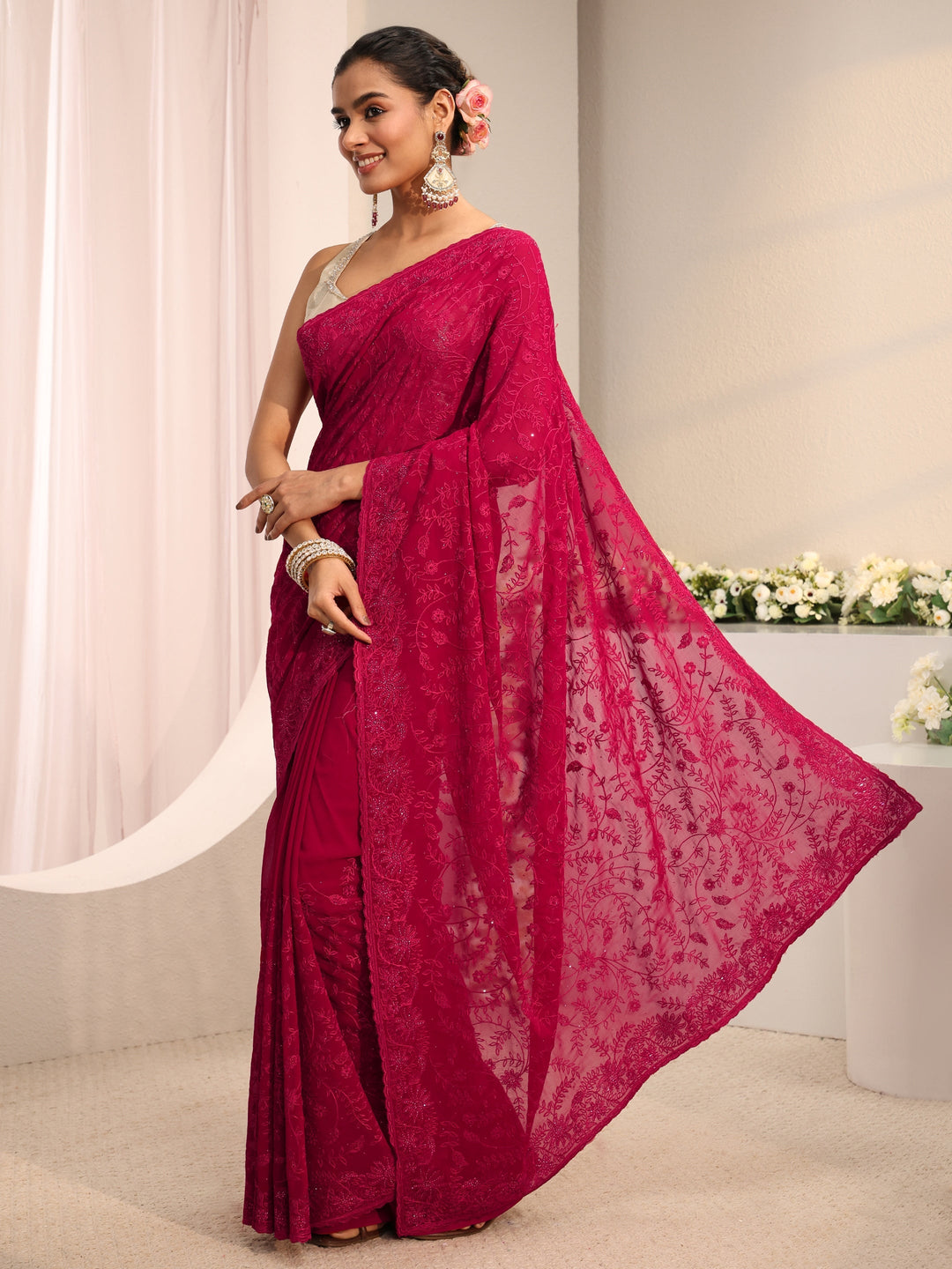  Libas Pink Floral Embroidered Net Saree 