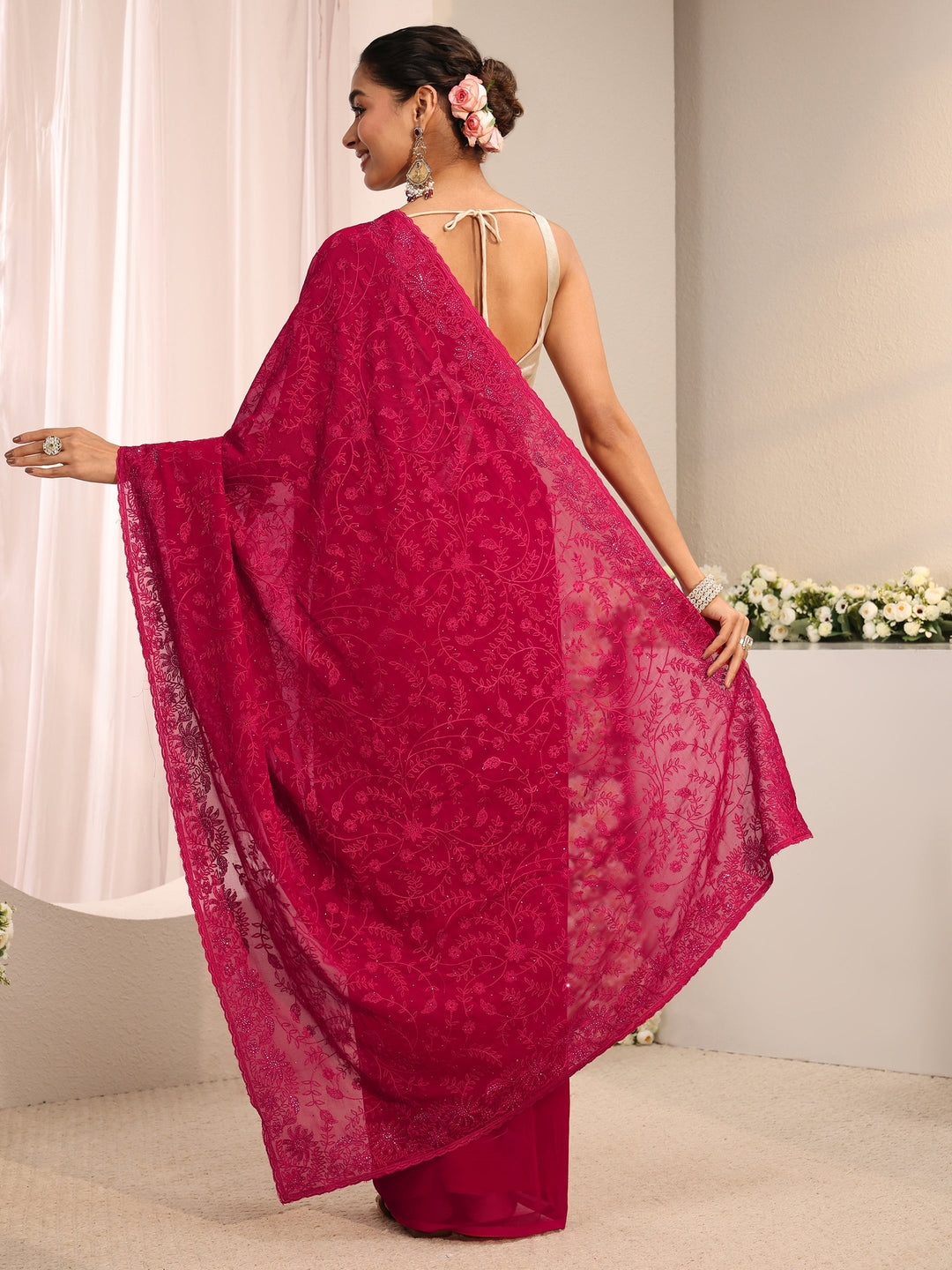  Libas Pink Floral Embroidered Net Saree 