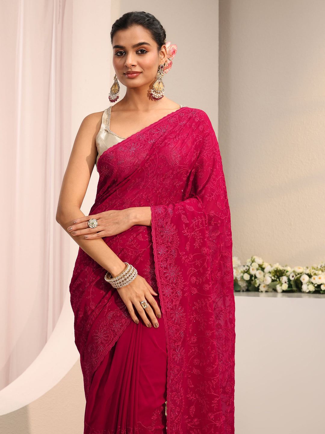  Libas Pink Floral Embroidered Net Saree 