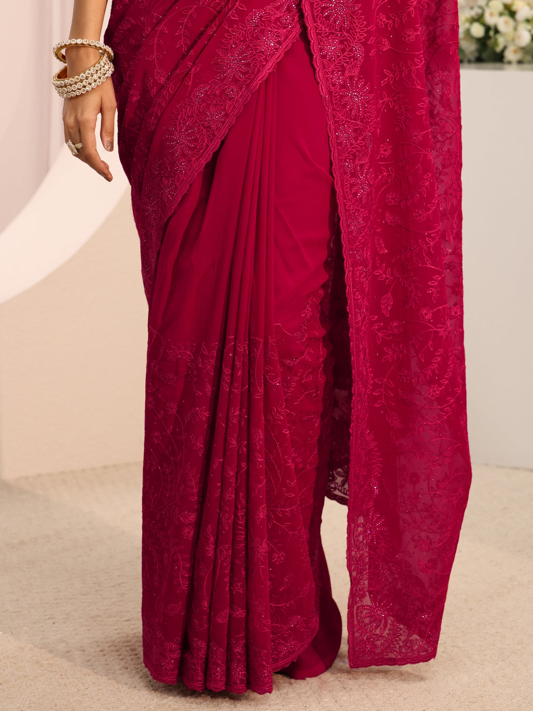  Libas Pink Floral Embroidered Net Saree 