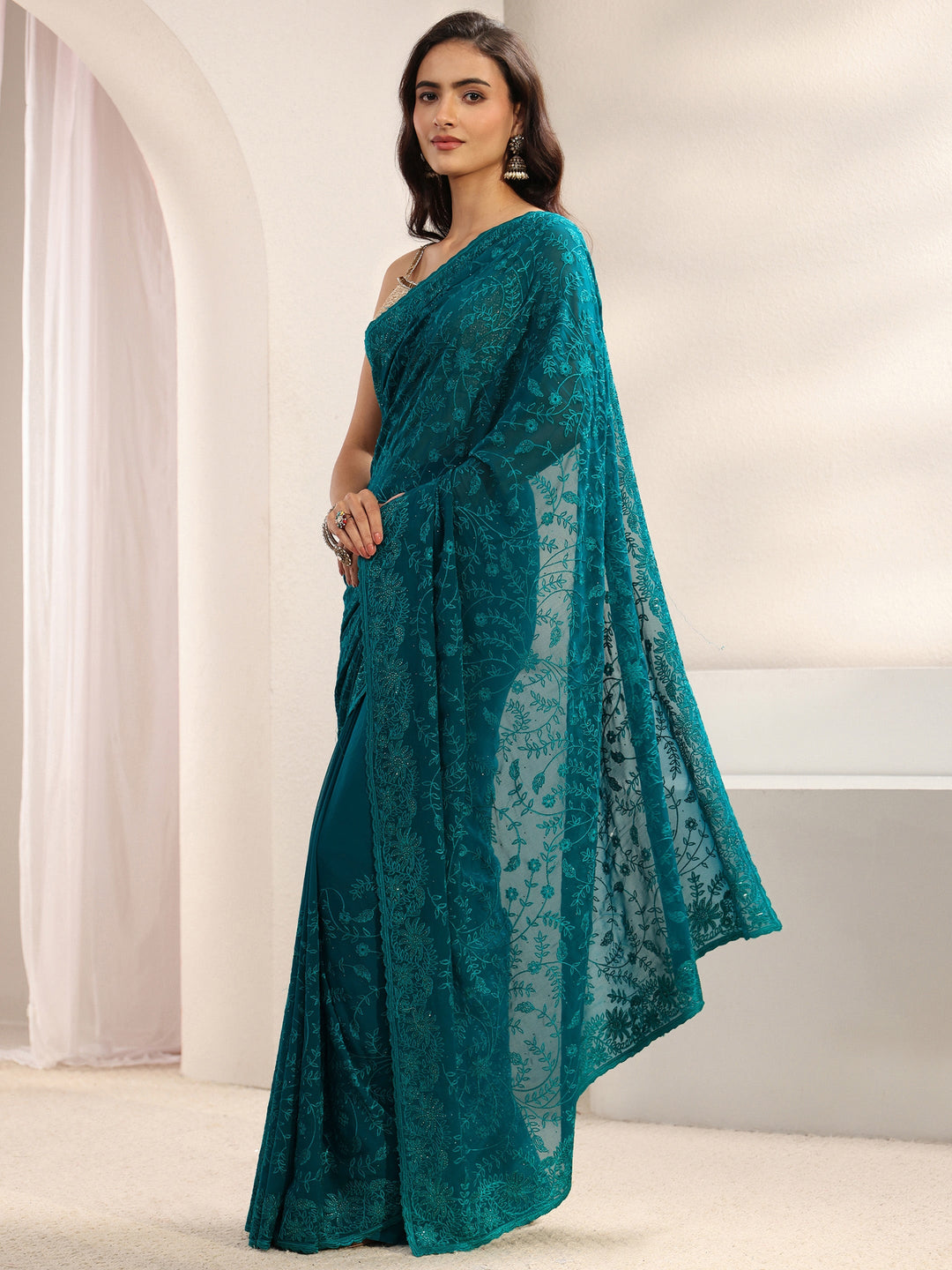  Blue Floral Embroidered Net Sareewith Unstitched Blouse Piece 