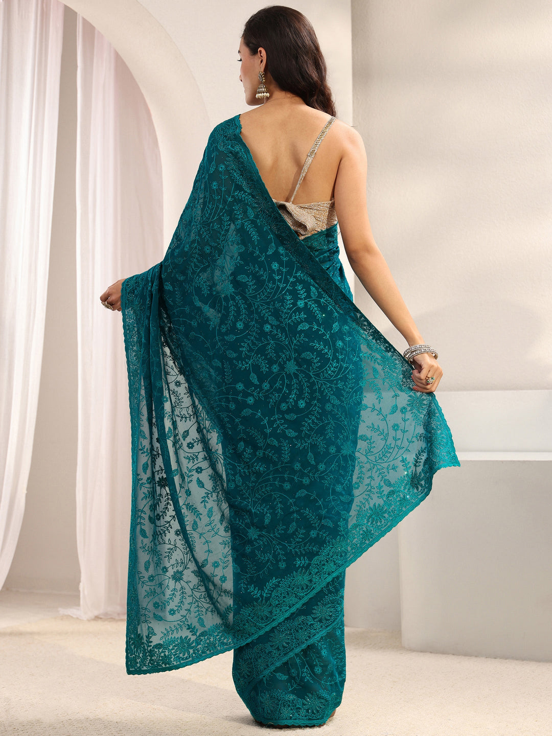  Blue Floral Embroidered Net Sareewith Unstitched Blouse Piece 