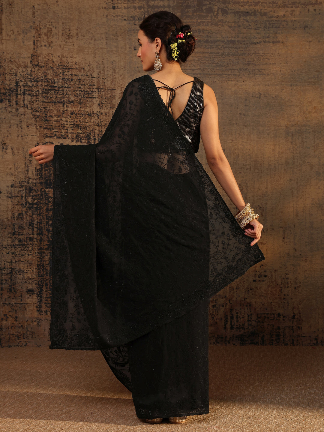  Black Floral Embroidered Net Saree With Unstitched Blouse Piece 