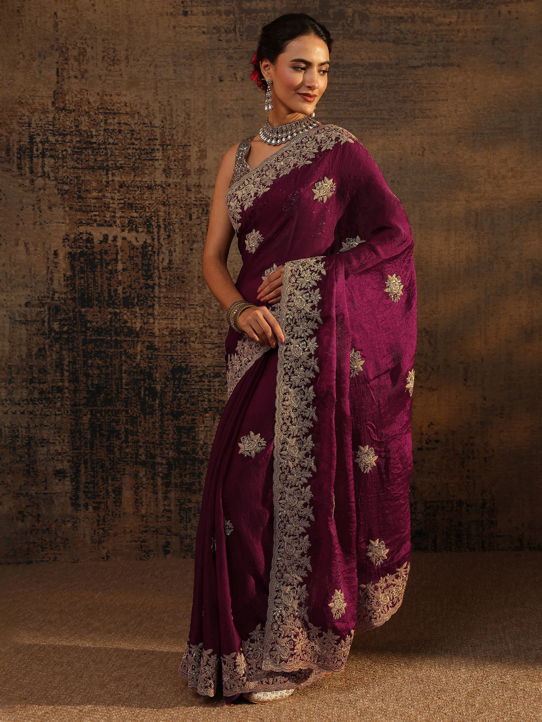  Magenta Floral Embroidered Tissue Saree With Unstitched Blouse Piece 