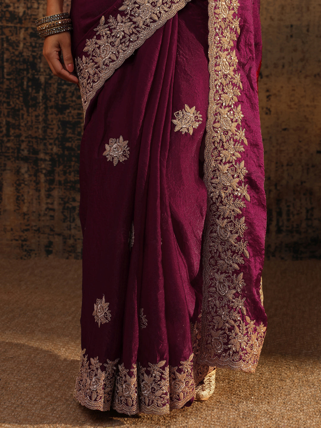  Magenta Floral Embroidered Tissue Saree With Unstitched Blouse Piece 