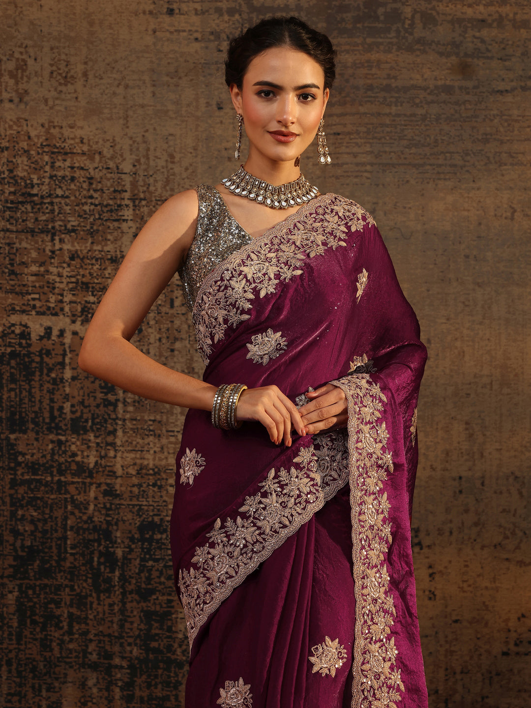  Magenta Floral Embroidered Tissue Saree With Unstitched Blouse Piece 