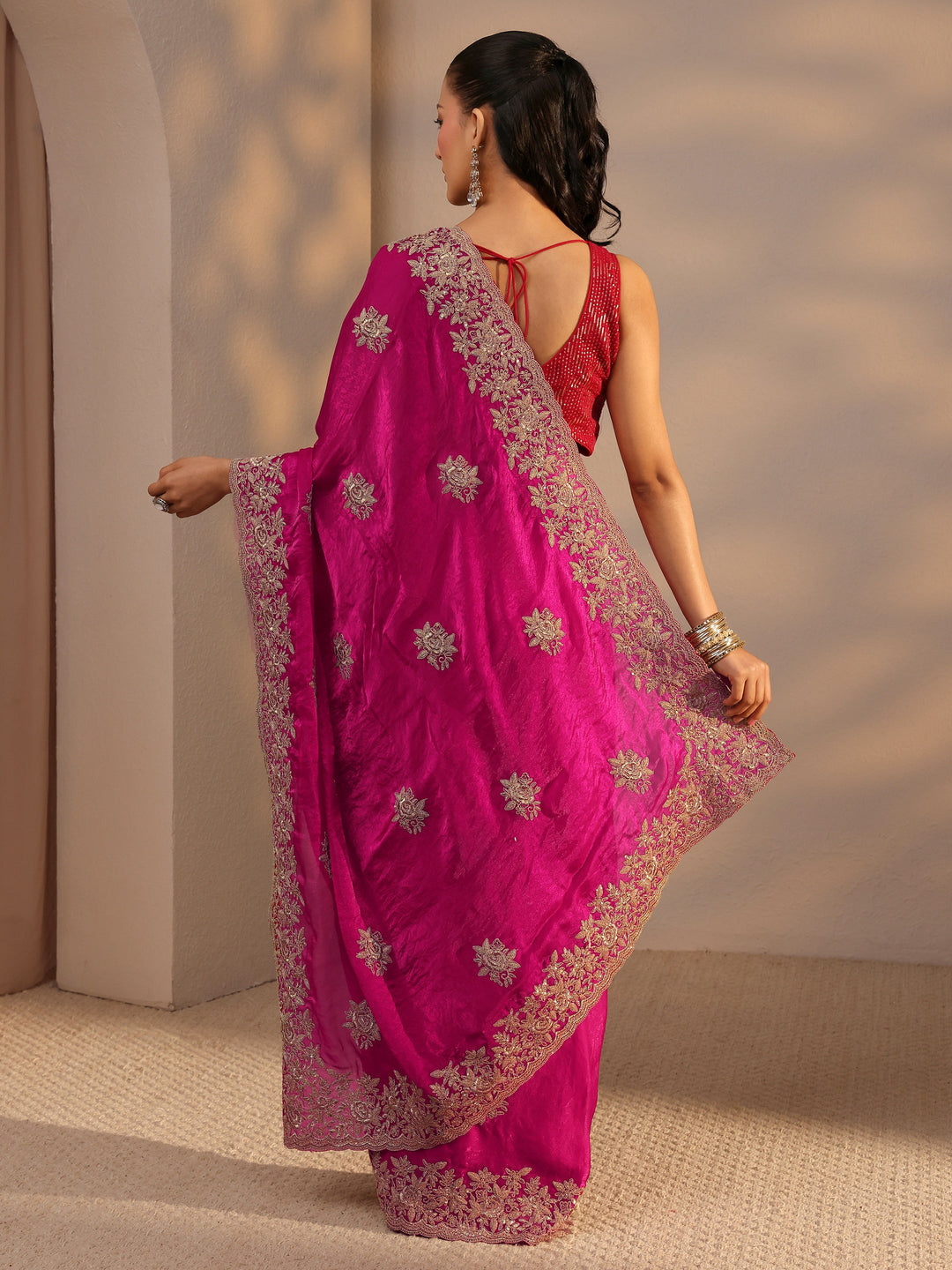  Pink Floral Embroidered Tissue Saree With Unstitched Blouse Piece 