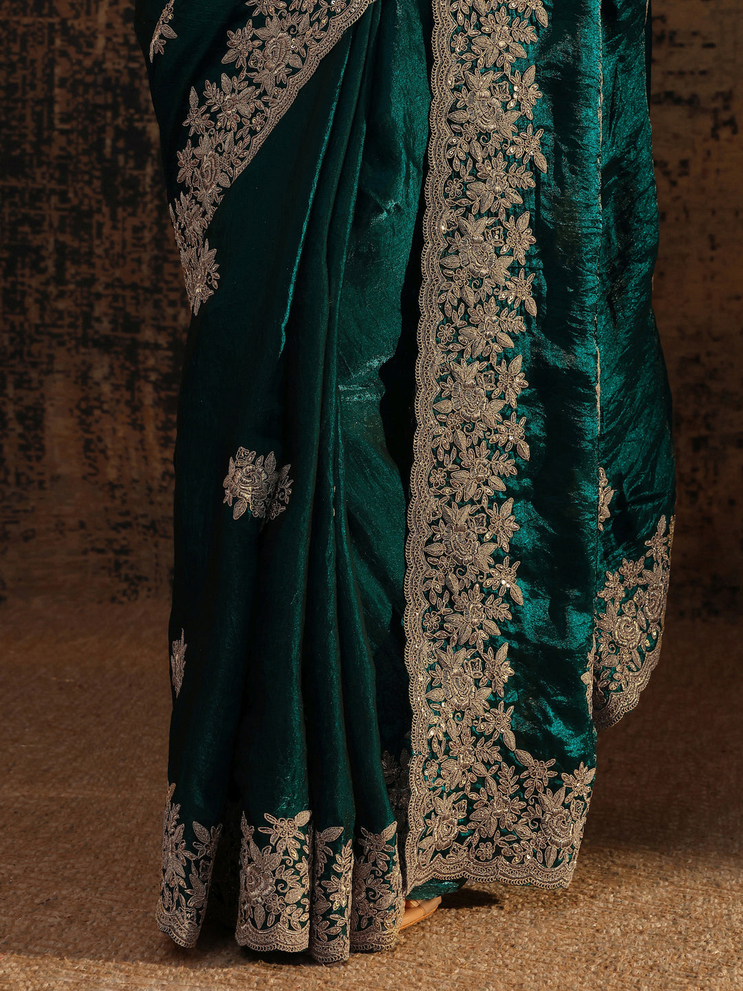  Blue Floral Embroidered Tissue Saree With Unstitched Blouse Piece 