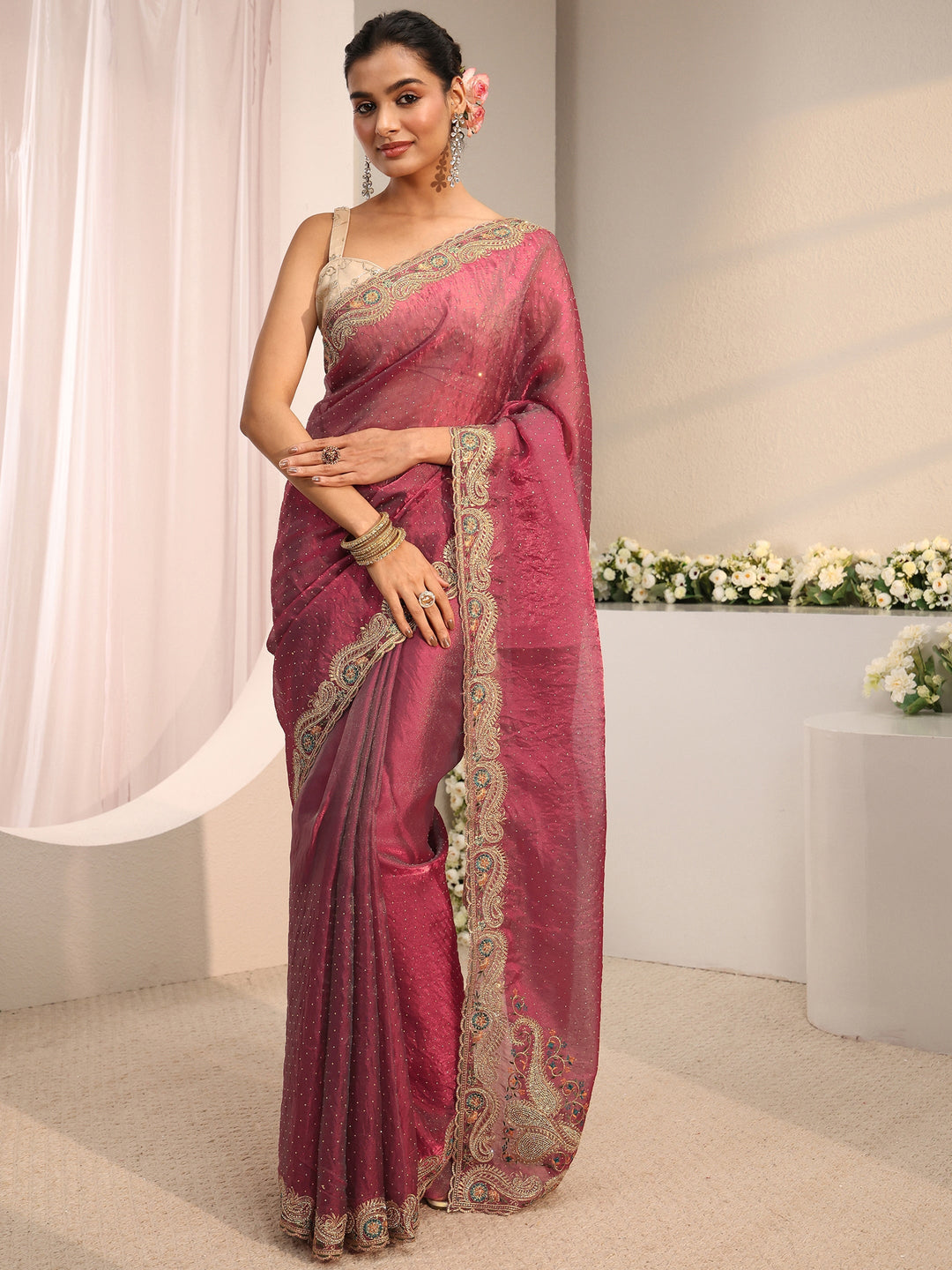  Libas Maroon Embellished Tissue Saree With Unstitched Blouse Piece 
