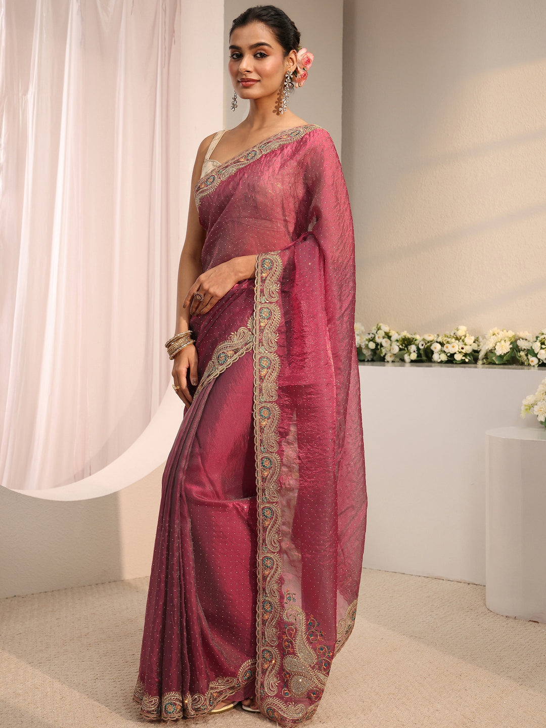  Libas Maroon Embellished Tissue Saree With Unstitched Blouse Piece 