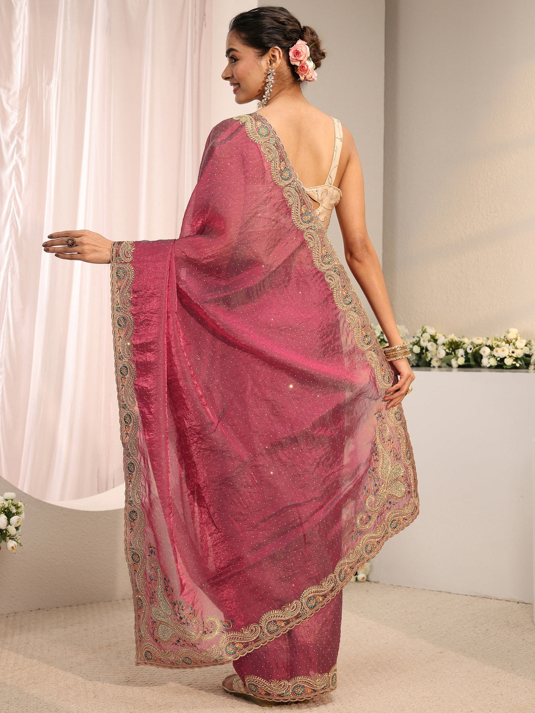 Libas Maroon Embellished Tissue Saree With Unstitched Blouse Piece 