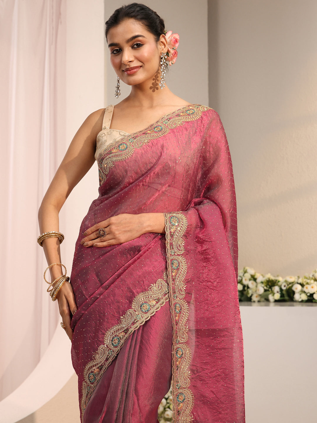  Libas Maroon Embellished Tissue Saree With Unstitched Blouse Piece 