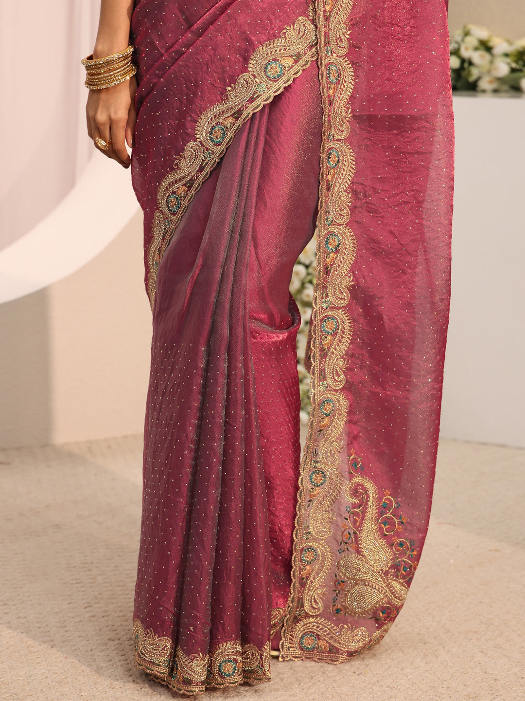  Libas Maroon Embellished Tissue Saree With Unstitched Blouse Piece 
