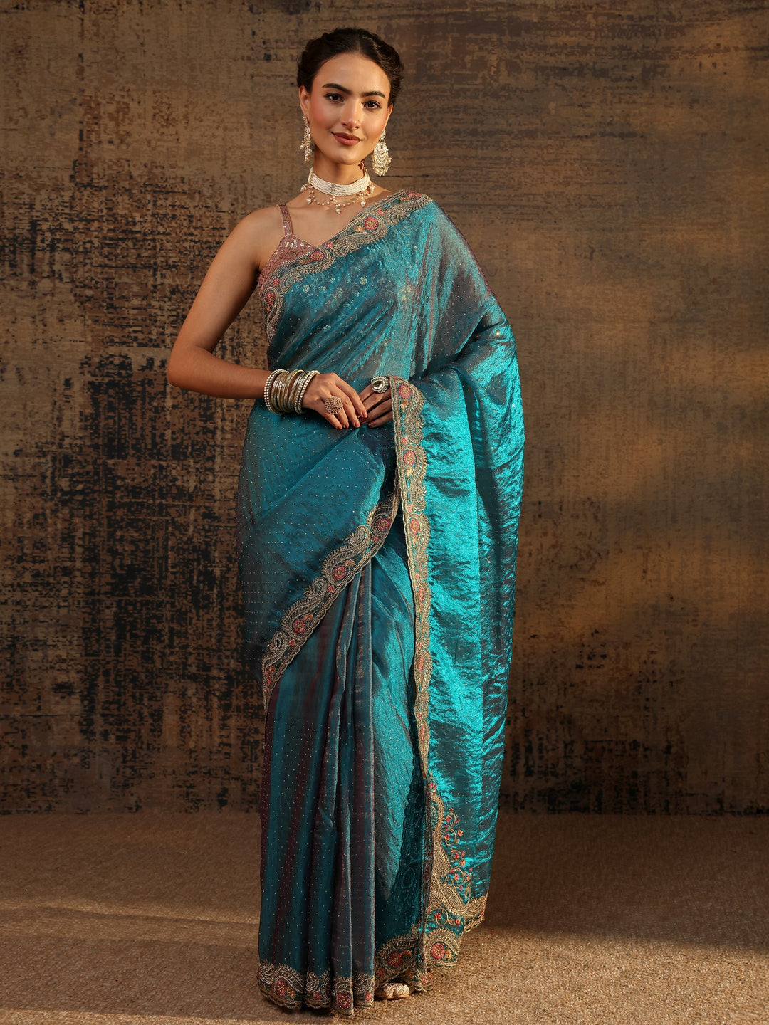  Libas Blue Embellished Tissue Saree With Unstitched Blouse Piece 