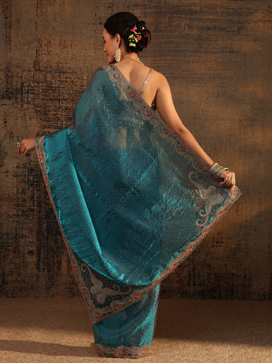  Libas Blue Embellished Tissue Saree With Unstitched Blouse Piece 