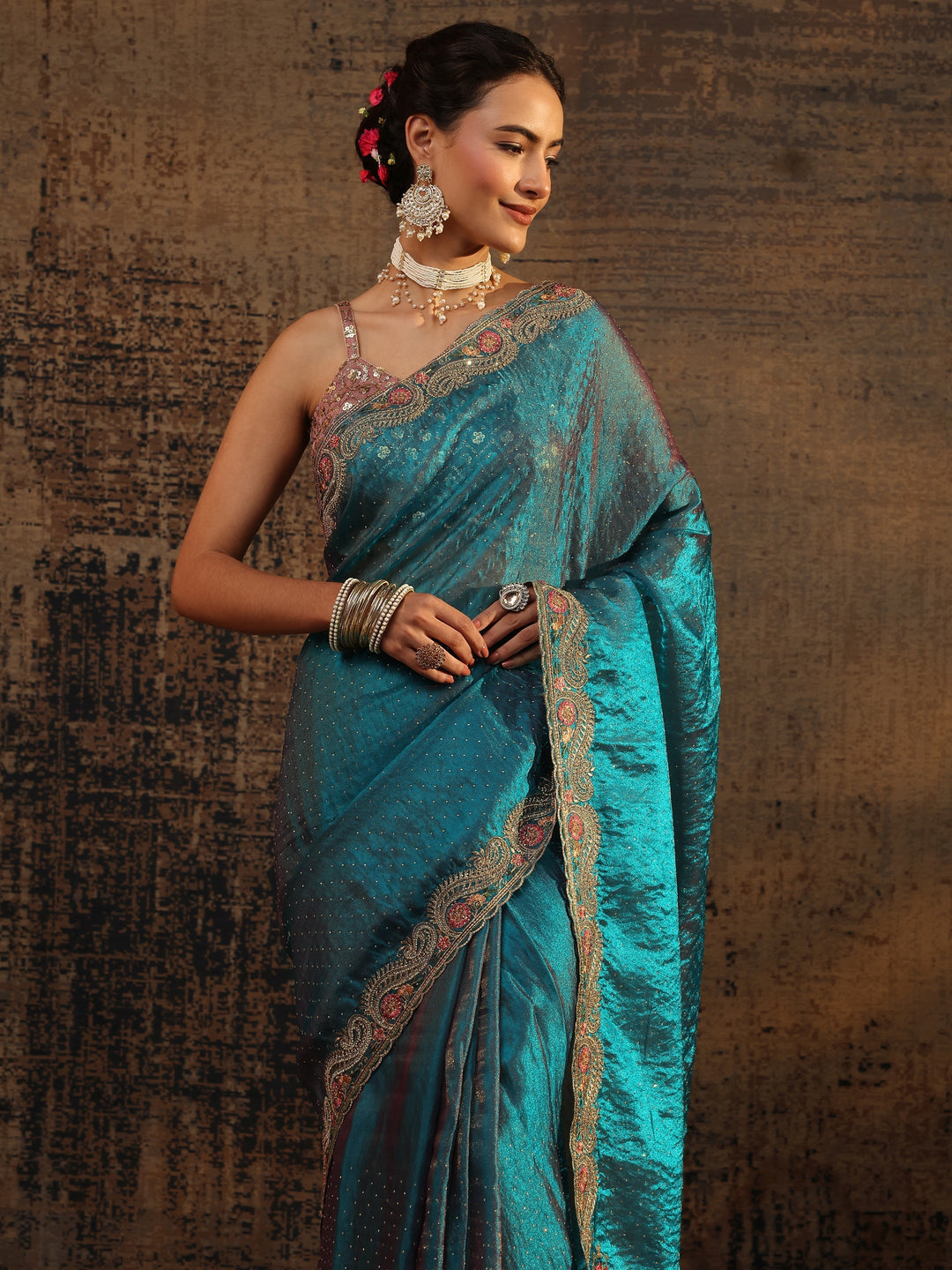  Libas Blue Embellished Tissue Saree With Unstitched Blouse Piece 