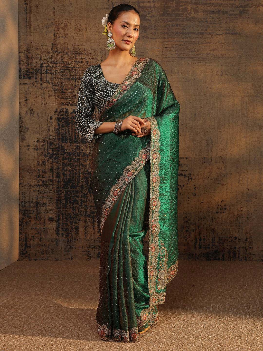  Green Embellished Tissue Saree With Unstitched Blouse Piece 