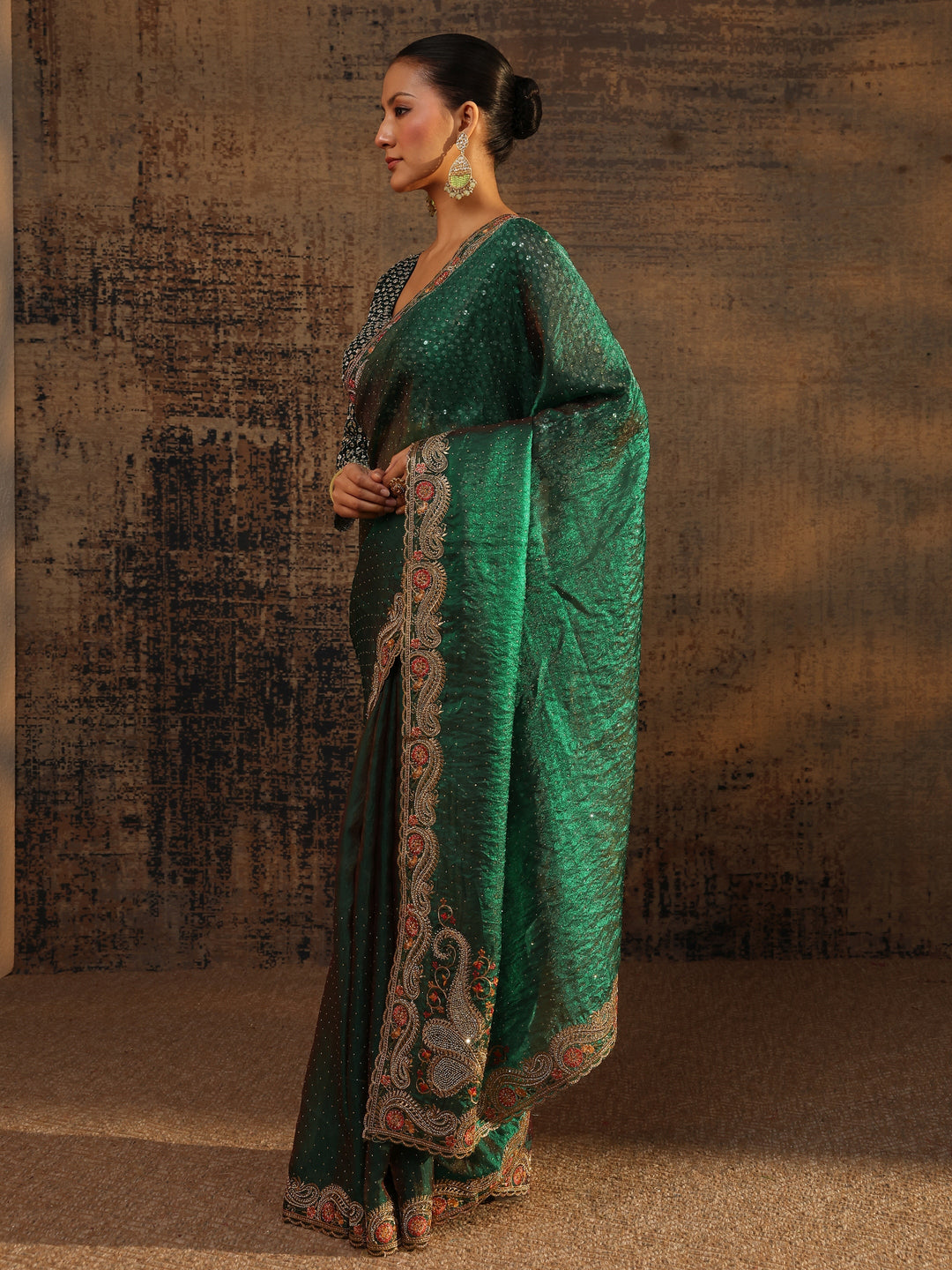  Green Embellished Tissue Saree With Unstitched Blouse Piece 