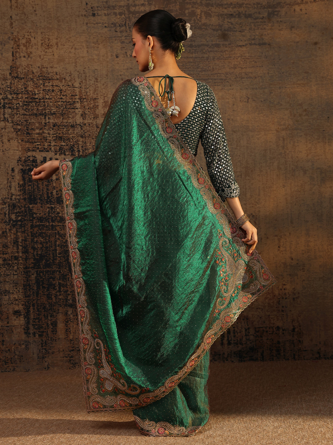  Green Embellished Tissue Saree With Unstitched Blouse Piece 