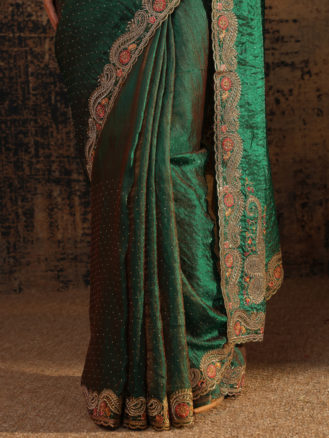  Green Embellished Tissue Saree With Unstitched Blouse Piece 