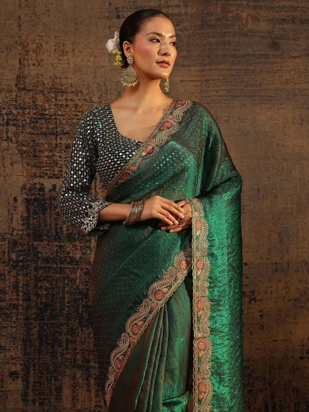  Green Embellished Tissue Saree With Unstitched Blouse Piece 