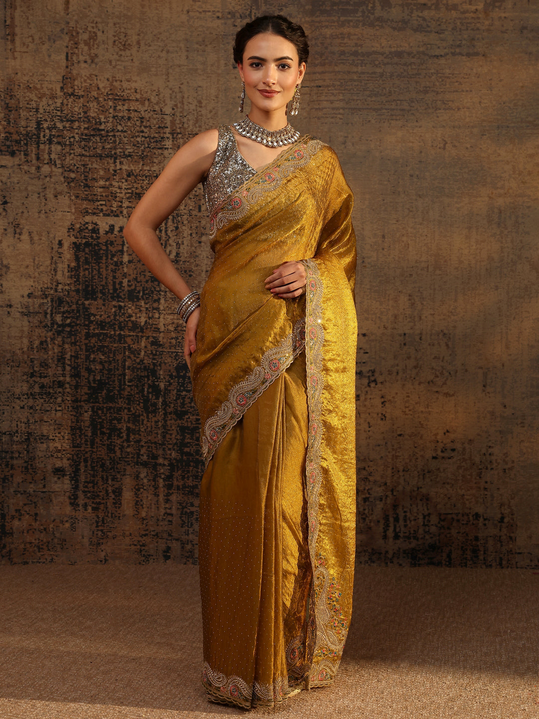  Mustard Embellished Tissue Saree With Unstitched Blouse Piece 