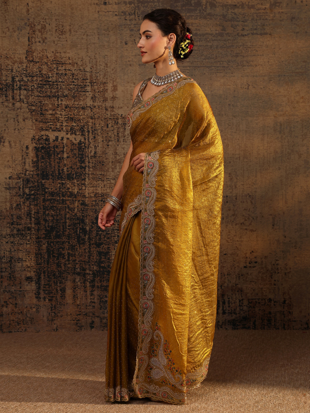  Mustard Embellished Tissue Saree With Unstitched Blouse Piece 