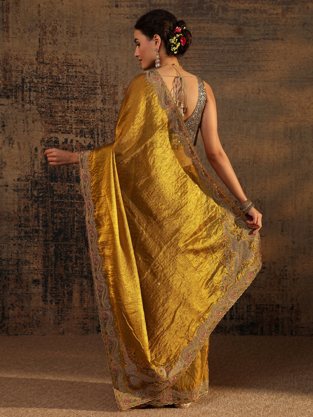  Mustard Embellished Tissue Saree With Unstitched Blouse Piece 