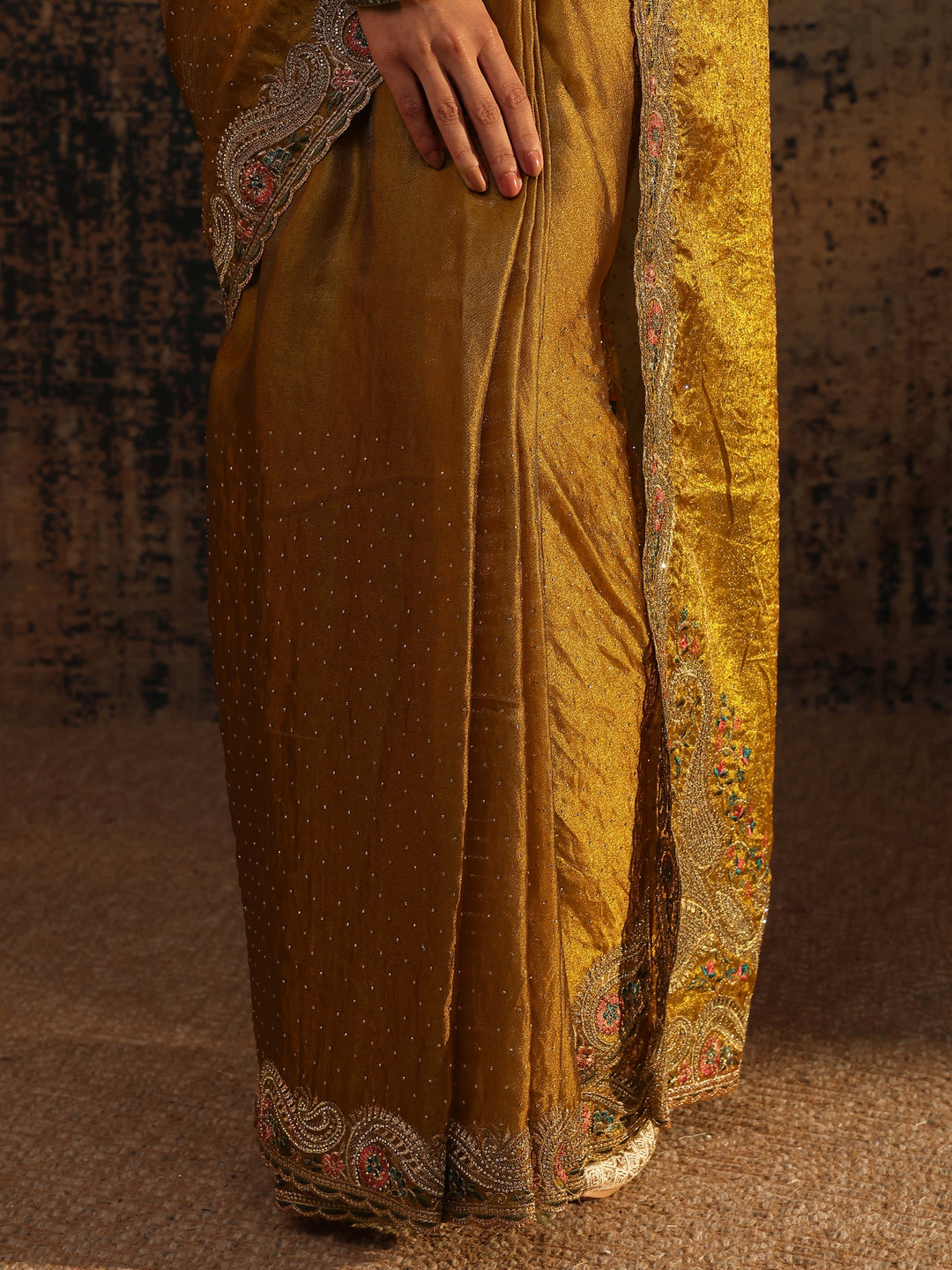  Mustard Embellished Tissue Saree With Unstitched Blouse Piece 