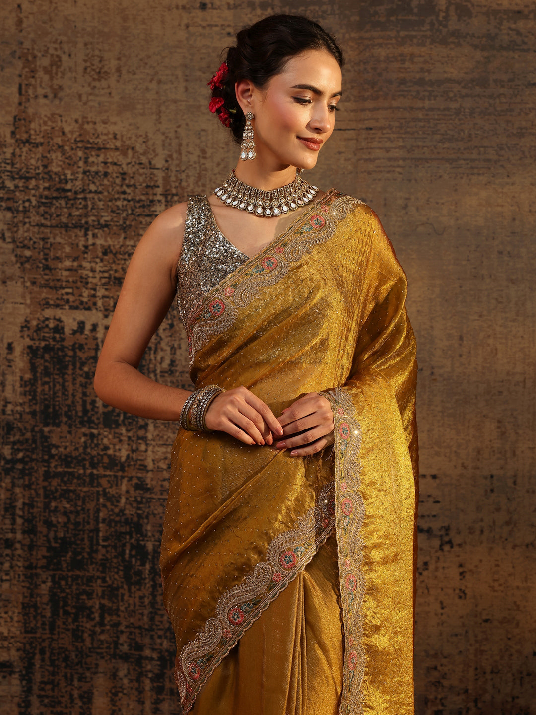  Mustard Embellished Tissue Saree With Unstitched Blouse Piece 