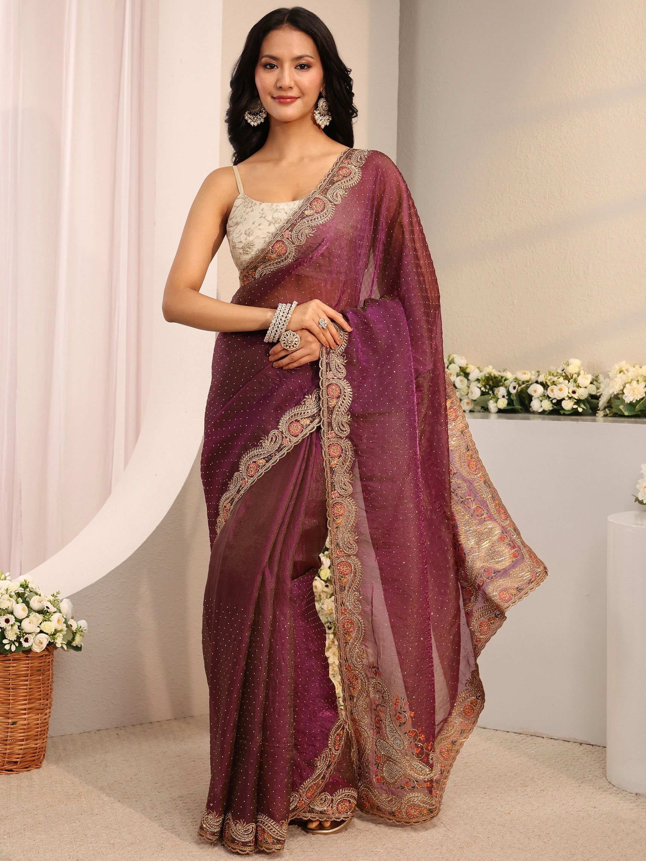 libas Purple Embellished Tissue Saree With Unstitched Blouse Piece-picture-52
