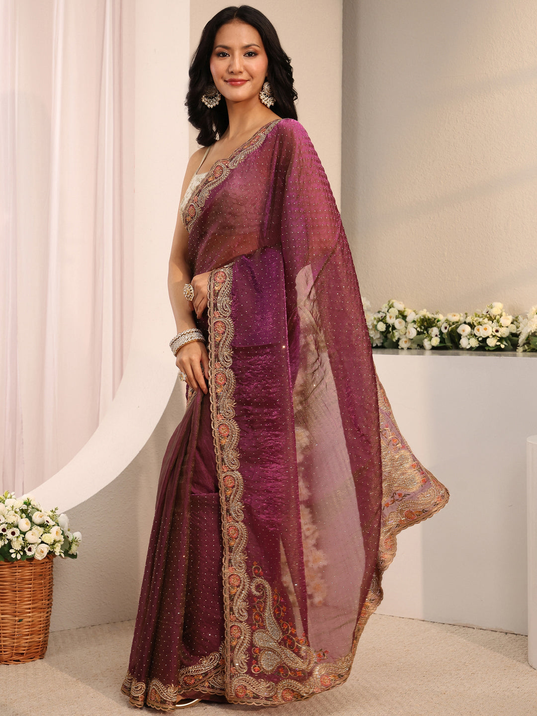  Libas Purple Embellished Tissue Saree With Unstitched Blouse Piece 