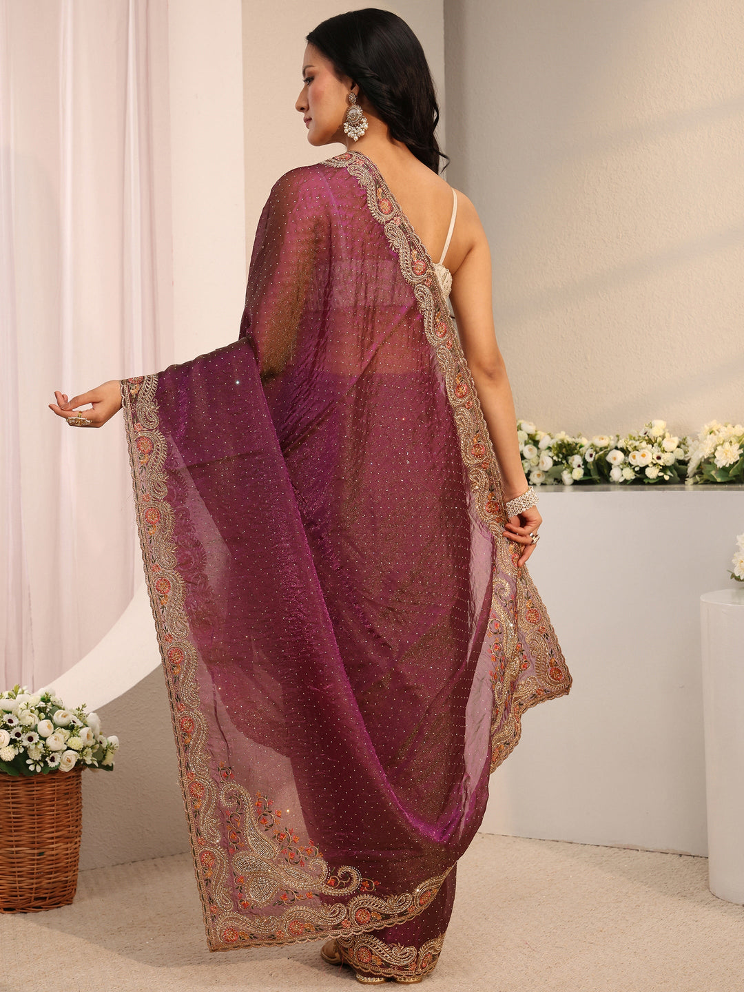  Libas Purple Embellished Tissue Saree With Unstitched Blouse Piece 