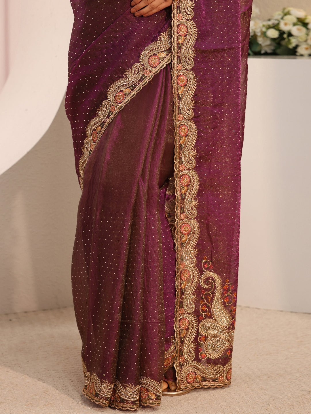  Libas Purple Embellished Tissue Saree With Unstitched Blouse Piece 