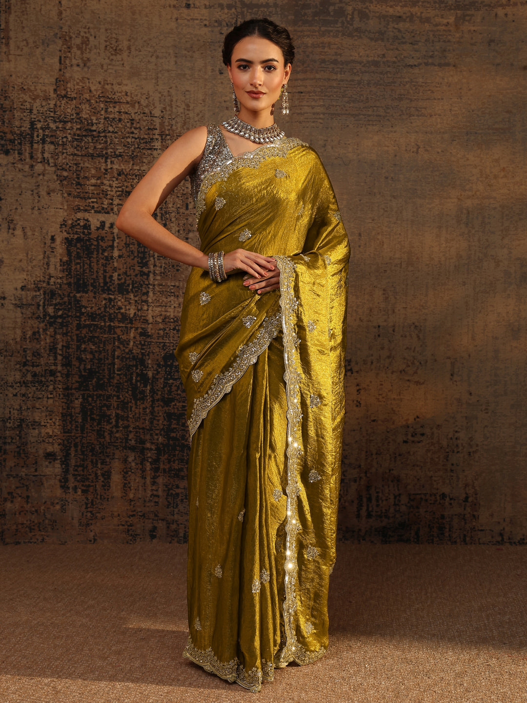  Green Embellished Tissue Saree With Unstitched Blouse Piece 