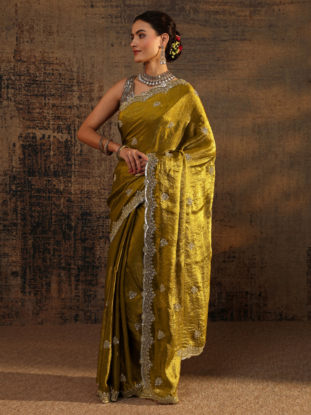  Green Embellished Tissue Saree With Unstitched Blouse Piece 