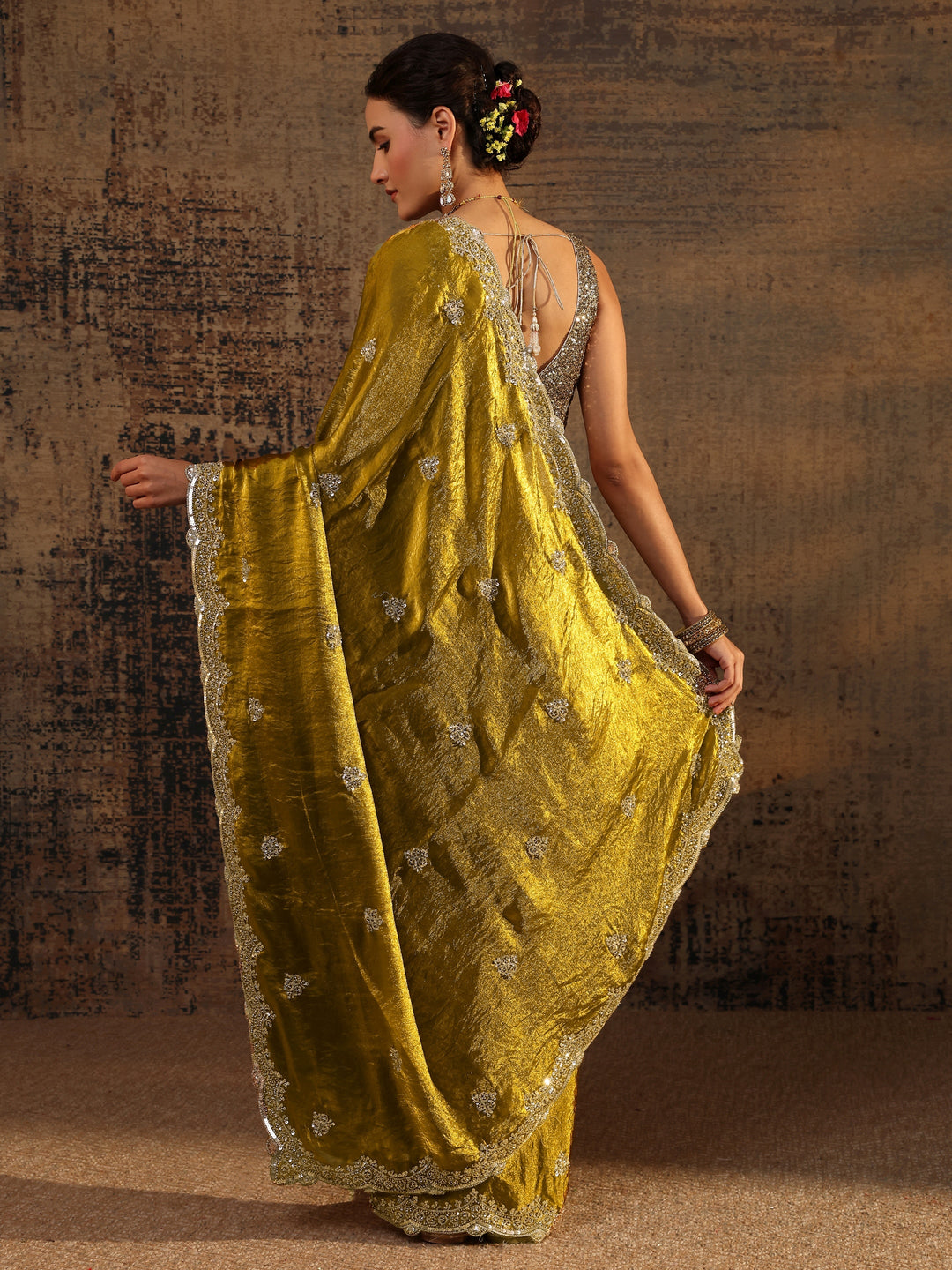  Green Embellished Tissue Saree With Unstitched Blouse Piece 