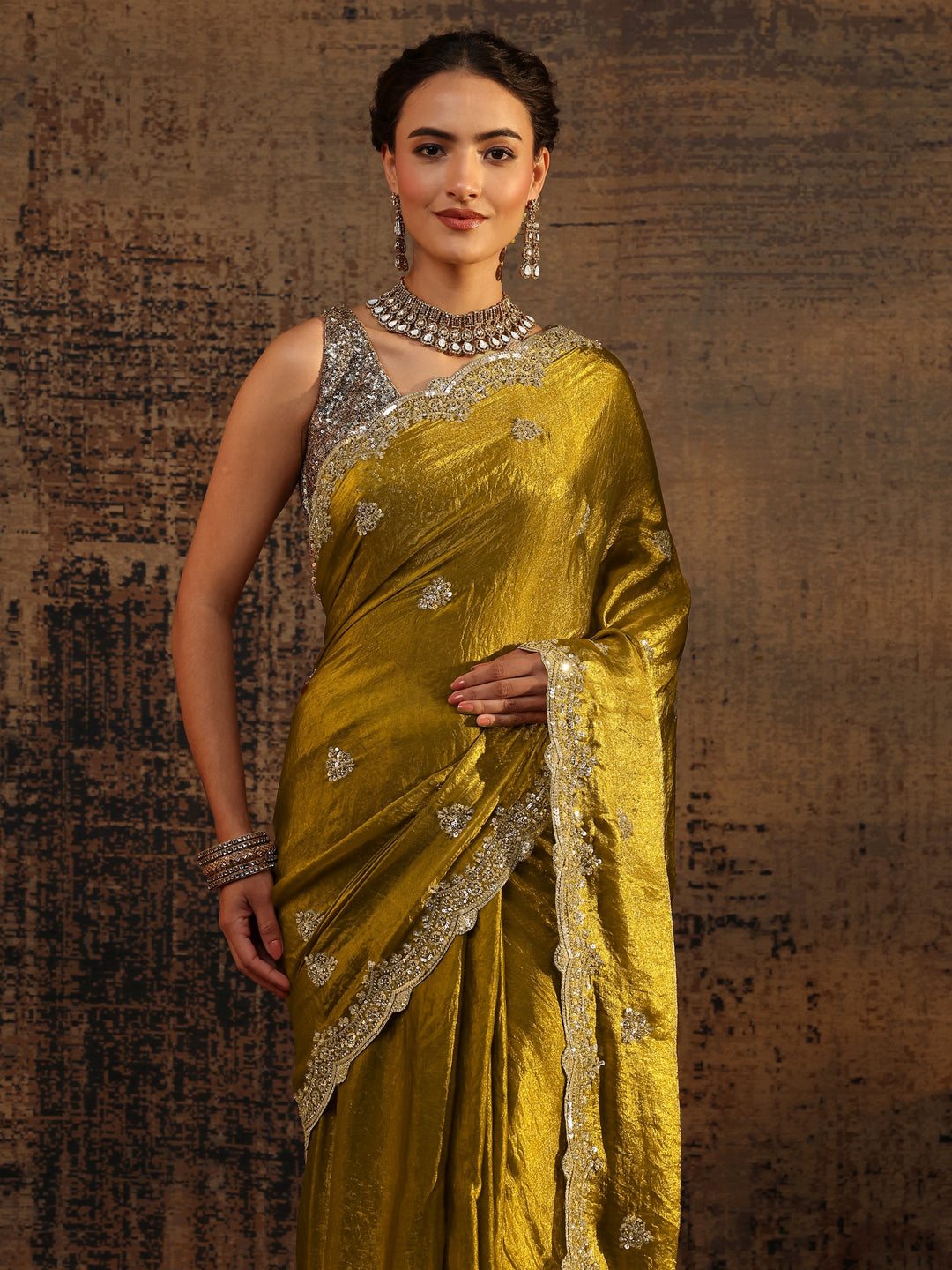  Green Embellished Tissue Saree With Unstitched Blouse Piece 