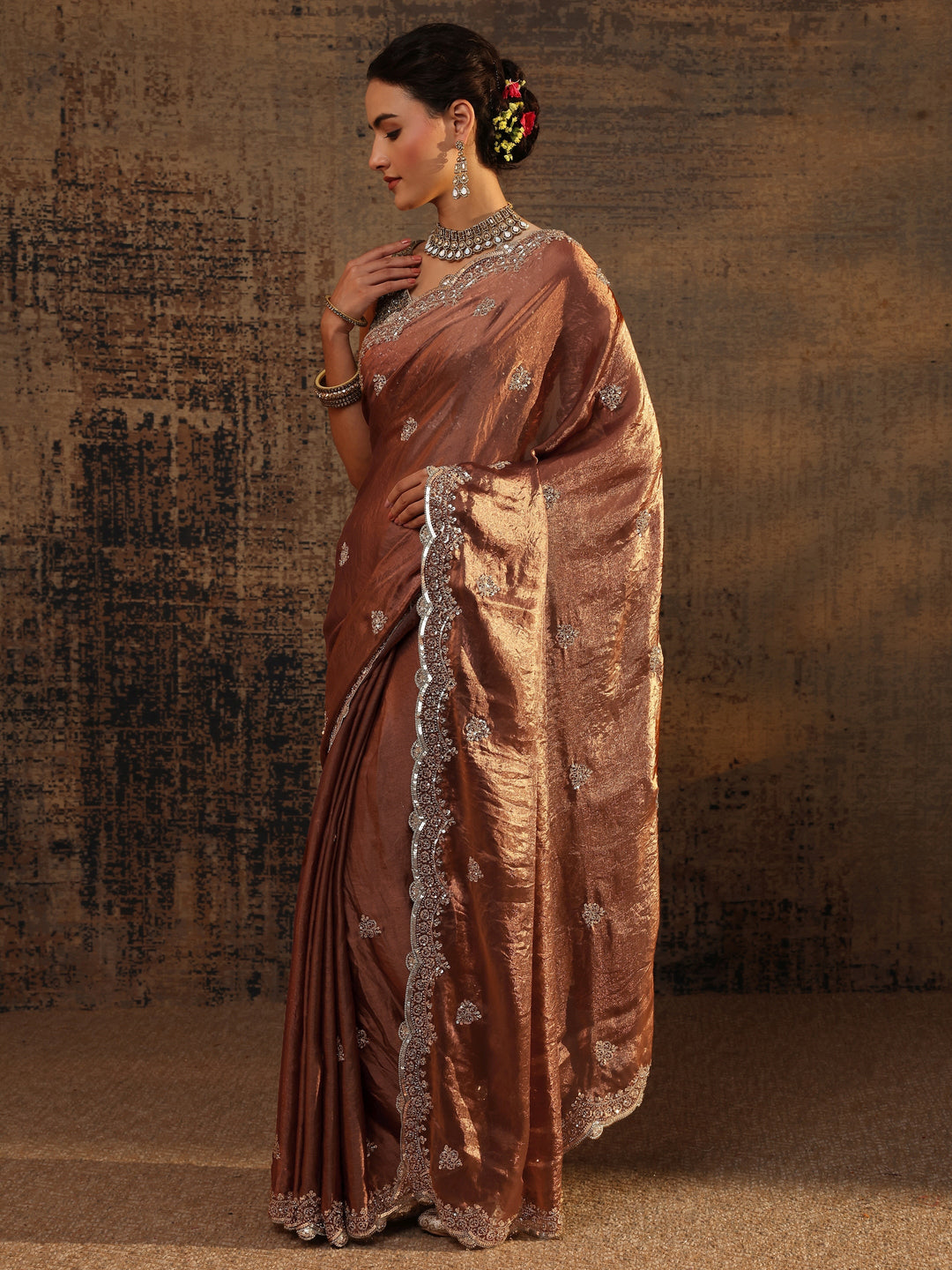  Brown Embellished Tissue Saree With Unstitched Blouse Piece 